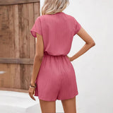 Women’s Romper – Relaxed Fit – Ribbed Texture – V-Neck – Drawstring Waist – Short Sleeve