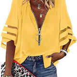 Women’s Zip-Up Blouse – Relaxed Fit – Slit Elbow Sleeves – V-Neck