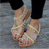 Women’s Flat Sandals – Beaded Fringe – Toe Loop – Open Toe Boho Ankle Strap