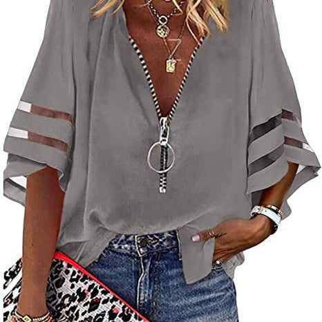 Women’s Zip-Up Blouse – Relaxed Fit – Slit Elbow Sleeves – V-Neck