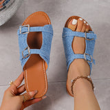 Women’s Flat Sandals – Textile Double Strap – Buckle Closure – Open Toe Casual Fit