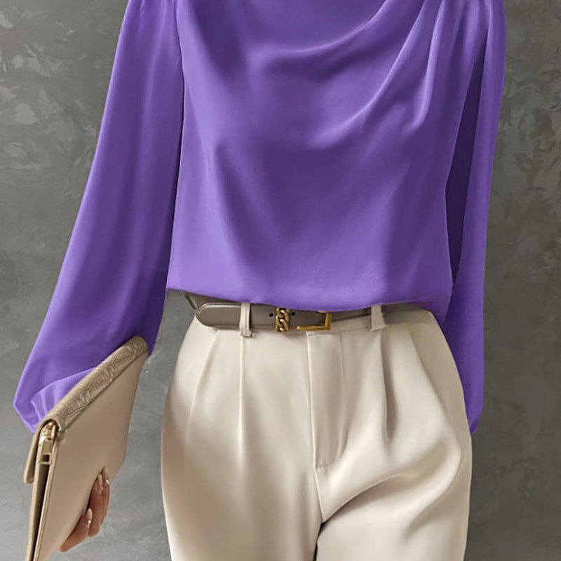 Women’s Satin Blouse – Relaxed Fit – High Neck – Long Sleeve Elegant Draped Top