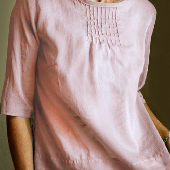 Women’s Blouse – Cotton Linen Blend – Loose Fit – 3/4 Sleeve – Pleated Front