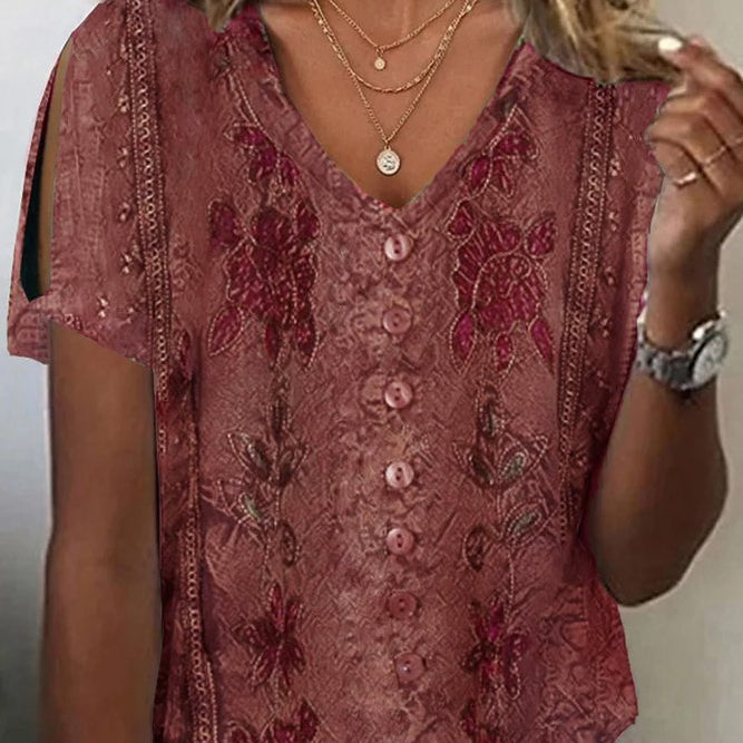 Women’s Blouse – Relaxed Fit – V-Neck Button Front – Embroidered Boho Style – Breathable Blend