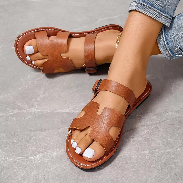 Women’s Sandals – Faux Leather Slip-On – Open Toe – Adjustable Buckle Strap – Flat Sole