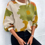 Women’s Pullover Sweater – Knit Fabric – Relaxed Fit – Round Neck – Balloon Sleeves – Patterned