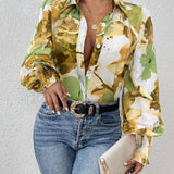 Women’s Blouse – Button-Down Style – Long Puff Sleeves – Bold Floral Print – Collared Neck