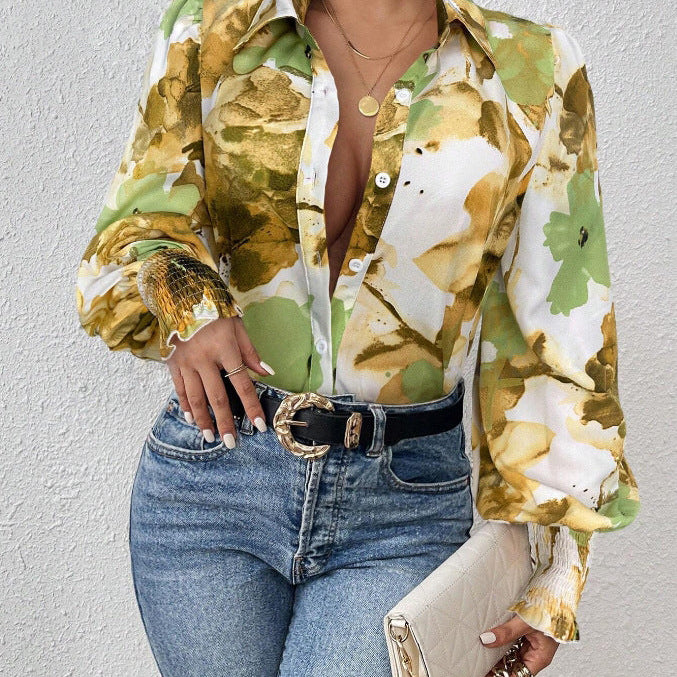 Women’s Blouse – Button-Down Style – Long Puff Sleeves – Bold Floral Print – Collared Neck