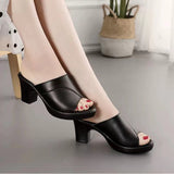 Women’s Heeled Mules – Soft Leather – Block Heel – Peep Toe – Slip-On Minimalist Design