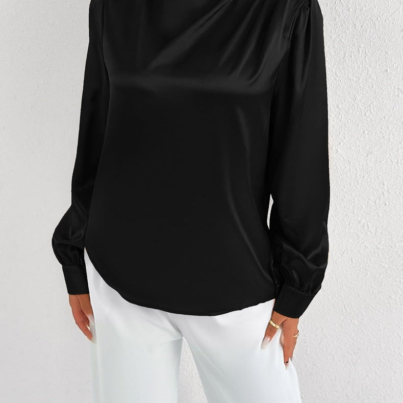 Women’s Satin Blouse – Relaxed Fit – High Neck – Long Sleeve – Minimalist Elegant Style