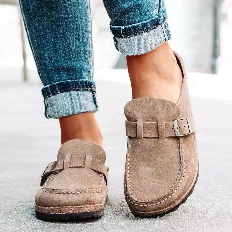Women’s Mule Sandals – Suede-Like Upper – Buckle Strap – Low Heel Slip-On Comfort