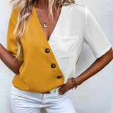 Women’s Blouse – Relaxed Fit – V-Neck – Short Sleeve – Colorblock – Button Detail
