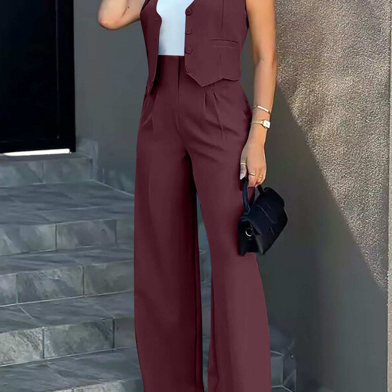 Women’s Vest and Trousers Set – Tailored Fit – High Waist – Wide Leg – Button Front