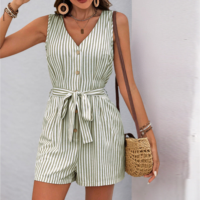 Women’s Sleeveless Romper – V-Neck – Vertical Stripes – Belted Waist – Soft Fabric