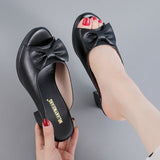 Women’s Heeled Sandals – Faux Leather – Open Toe – Chunky Heel – Bow Accent