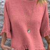 Women’s Blouse – Cotton Linen – Relaxed Fit – Short Sleeve – Ruffle Hem – Round Neck
