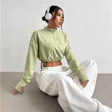 Women’s Cropped Sweatshirt – Cotton Blend – Relaxed Fit – Zip Neck – Balloon Sleeves