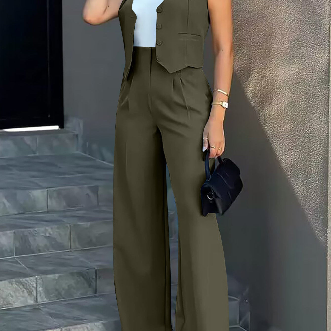 Women’s Vest and Trousers Set – Tailored Fit – High Waist – Wide Leg – Button Front