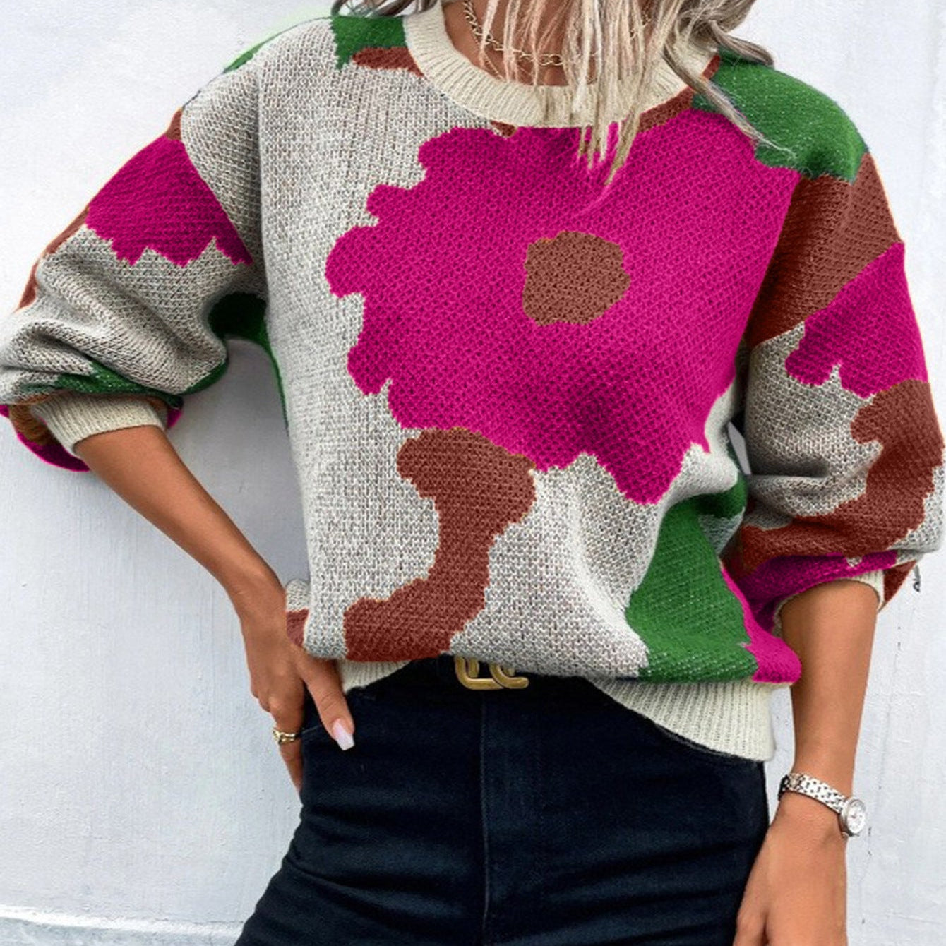 Women’s Pullover Sweater – Knit Fabric – Relaxed Fit – Round Neck – Balloon Sleeves – Patterned