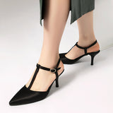 Women’s High Heel Sandals – Pointed Toe – T-Strap – Slim Fit Faux Leather