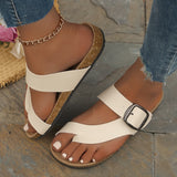 Women’s Sandals – Slip-On Flat Design – Cork Footbed – Adjustable Buckle Straps