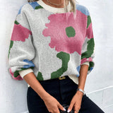Women’s Pullover Sweater – Knit Fabric – Relaxed Fit – Round Neck – Balloon Sleeves – Patterned