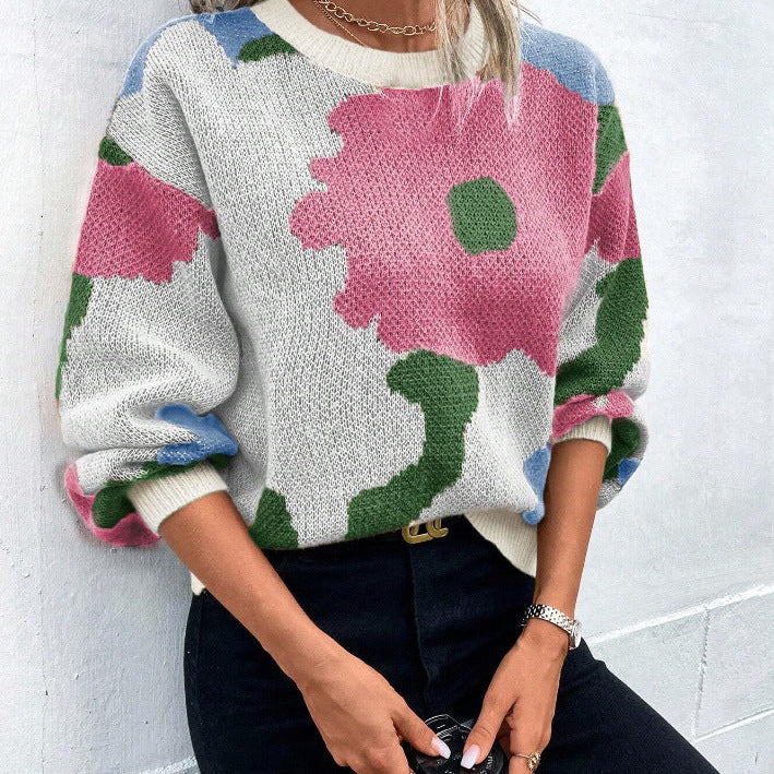 Women’s Pullover Sweater – Knit Fabric – Relaxed Fit – Round Neck – Balloon Sleeves – Patterned