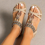 Women’s Flat Sandals – Open Toe – Boho Braided Straps – Rhinestone Detail – Comfy Fit