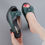 Women’s Heeled Sandals – Faux Leather – Open Toe – Chunky Heel – Bow Accent