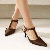 Women’s High Heel Sandals – Pointed Toe – T-Strap – Slim Fit Faux Leather