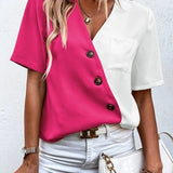 Women’s Blouse – Relaxed Fit – V-Neck – Short Sleeve – Colorblock – Button Detail