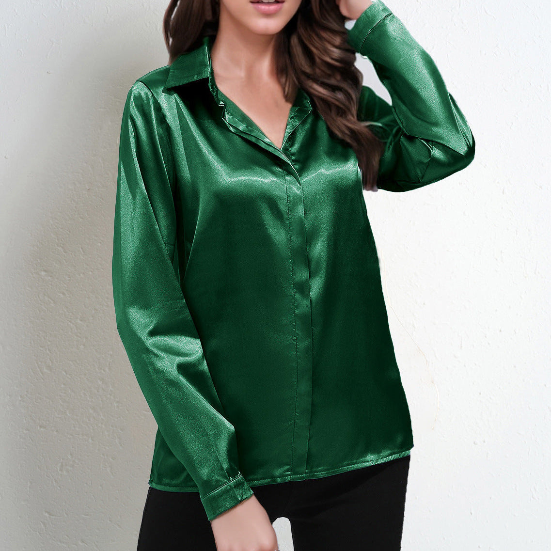 Women’s Blouse – Satin – Relaxed Fit – Long Sleeve V-Neck Button-Down