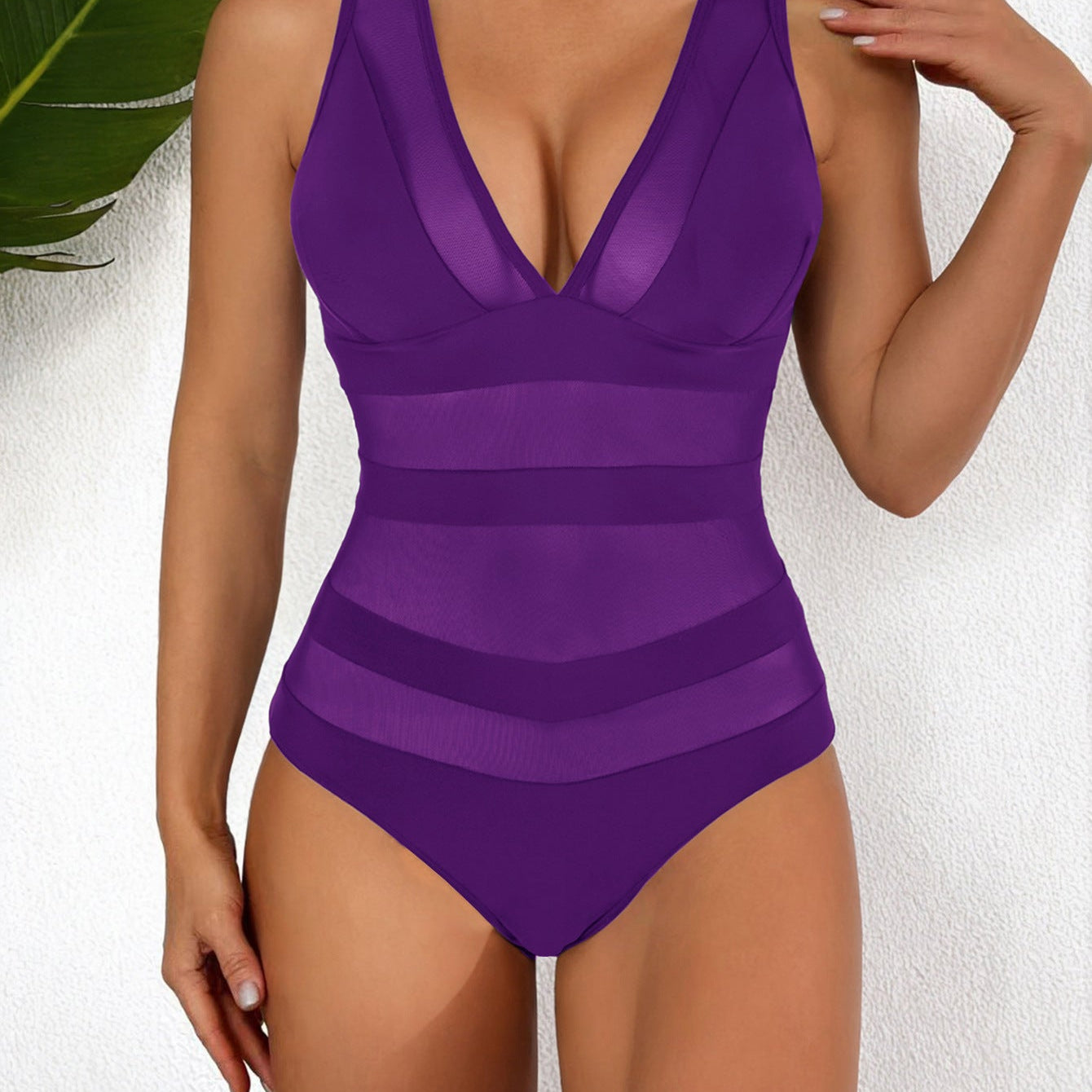 Women’s One-Piece Swimsuit – Form-Fitting – Mesh – Deep V-Neck – Sleek Finish