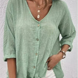 Women’s Blouse – Linen – Relaxed Fit – V-Neck – Button-Down – 3/4 Sleeve