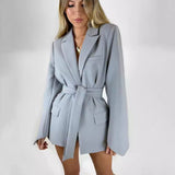 Women’s Blazer – Longline Tailored Fit – Self-Tie Waist – Notched Lapel – Flap Pockets