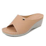 Women’s Wedge Slide Sandals – Open Toe – Perforated Strap – Cushioned Footbed
