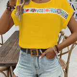 Women’s Blouse – Relaxed Fit – Boho Embroidery – Breathable Crinkled Fabric – Short Sleeve