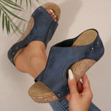 Women’s Wedge Sandals – Peep Toe – Platform Heel – Distressed Look – Rivet Detail