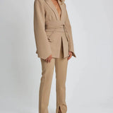 Women’s Blazer – Longline Tailored Fit – Self-Tie Waist – Notched Lapel – Flap Pockets