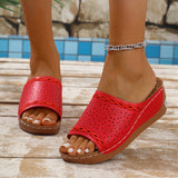Women’s Wedge Sandals – Slip-On – Perforated Strap – Scalloped Detail – Open Toe