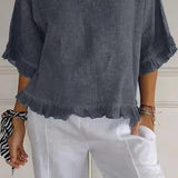 Women’s Blouse – Cotton Linen – Relaxed Fit – Short Sleeve – Ruffle Hem – Round Neck