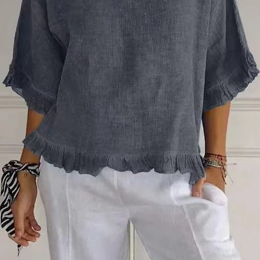 Women’s Blouse – Cotton Linen – Relaxed Fit – Short Sleeve – Ruffle Hem – Round Neck