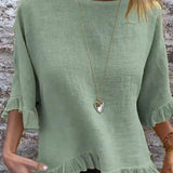 Women’s Blouse – Cotton Linen – Relaxed Fit – Short Sleeve – Ruffle Hem – Round Neck