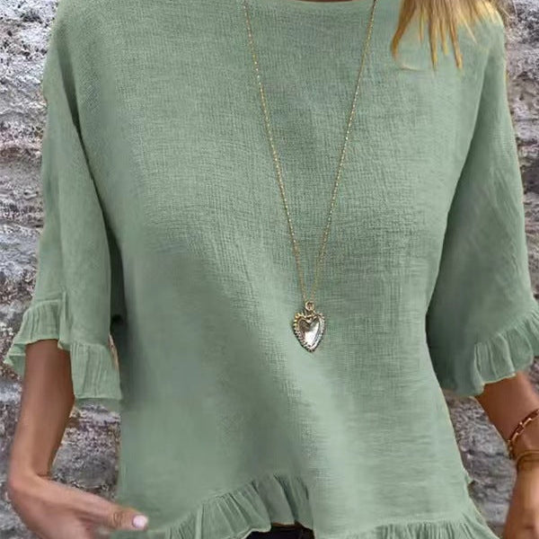 Women’s Blouse – Cotton Linen – Relaxed Fit – Short Sleeve – Ruffle Hem – Round Neck