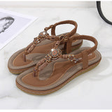 Women’s Sandals – Flat Sole – Woven Thong Strap – Wood Bead Embellished – Casual Fit