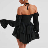Women’s Romper – Halter Neck – Off Shoulder Long Sleeve – Deep V Ruffle Front – Flowy Shorts