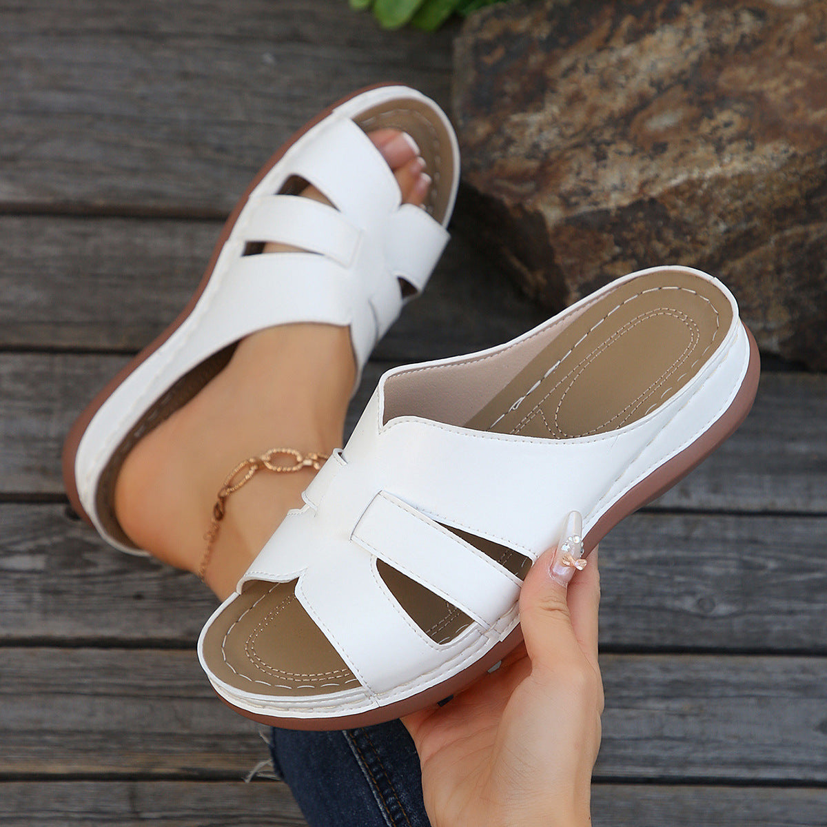 Women’s Wedge Slide Sandals – Faux Leather – Open Toe – Cut-Out – Casual Comfort