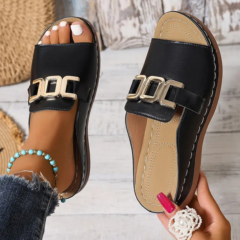 Women’s Wedge Sandals – Open Toe – Cushioned Insole – Metallic Buckle – Sleek Finish