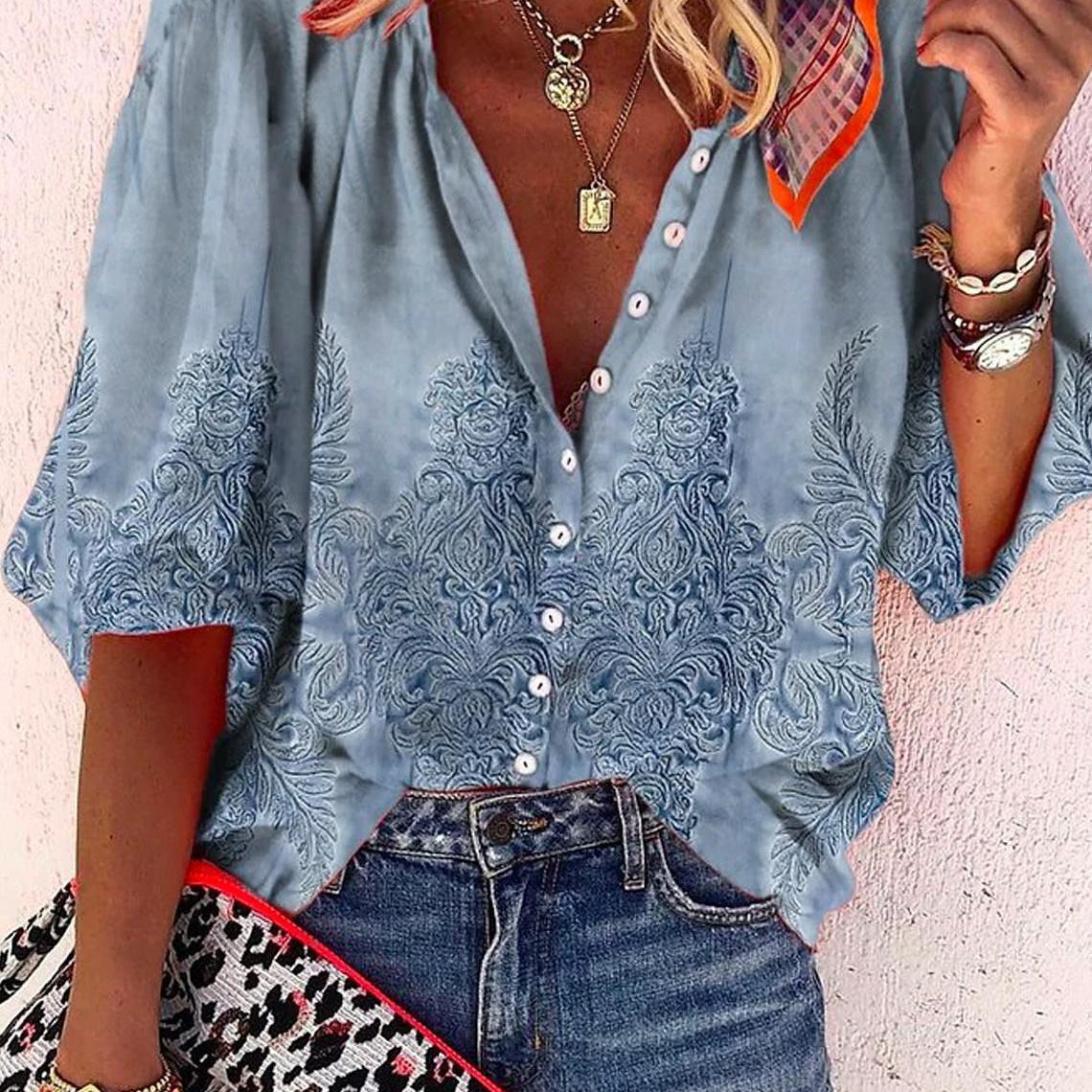 Women's Printed Boho Long Sleeve Tunic Blouse