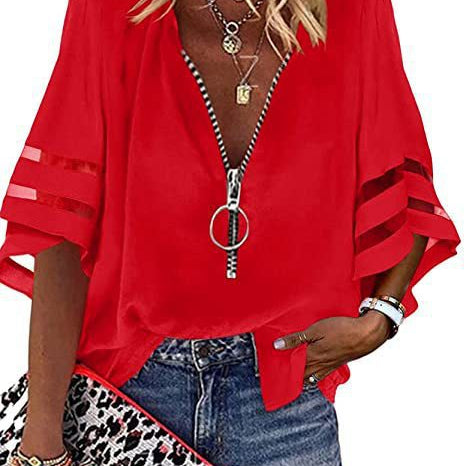 Women’s Zip-Up Blouse – Relaxed Fit – Slit Elbow Sleeves – V-Neck